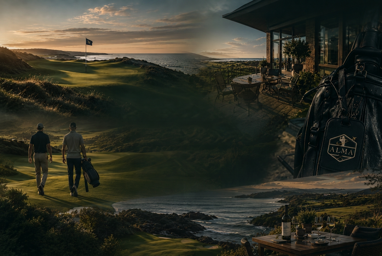 Coastal links golf course at golden hour with two golfers walking, a clubhouse terrace and an Alma golf bag